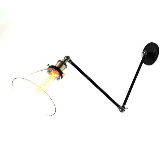 Industrial Swing Arm Wall Lamp With Conical Glass Shade - Stylish Indoor Sconce Light Black