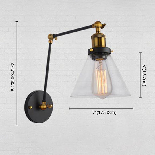 Industrial Swing Arm Wall Lamp With Conical Glass Shade - Stylish Indoor Sconce Light