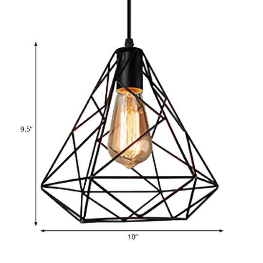 Hanging Diamond Shade Metal Kitchen Ceiling Light with Farmhouse Style and Wire Frame in Black