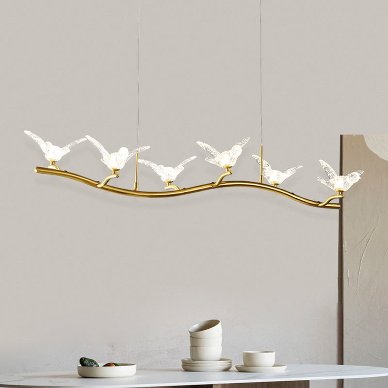 Twig Pendant Lamp With Bird Decor Gold Finish & Led Acrylic Island Light