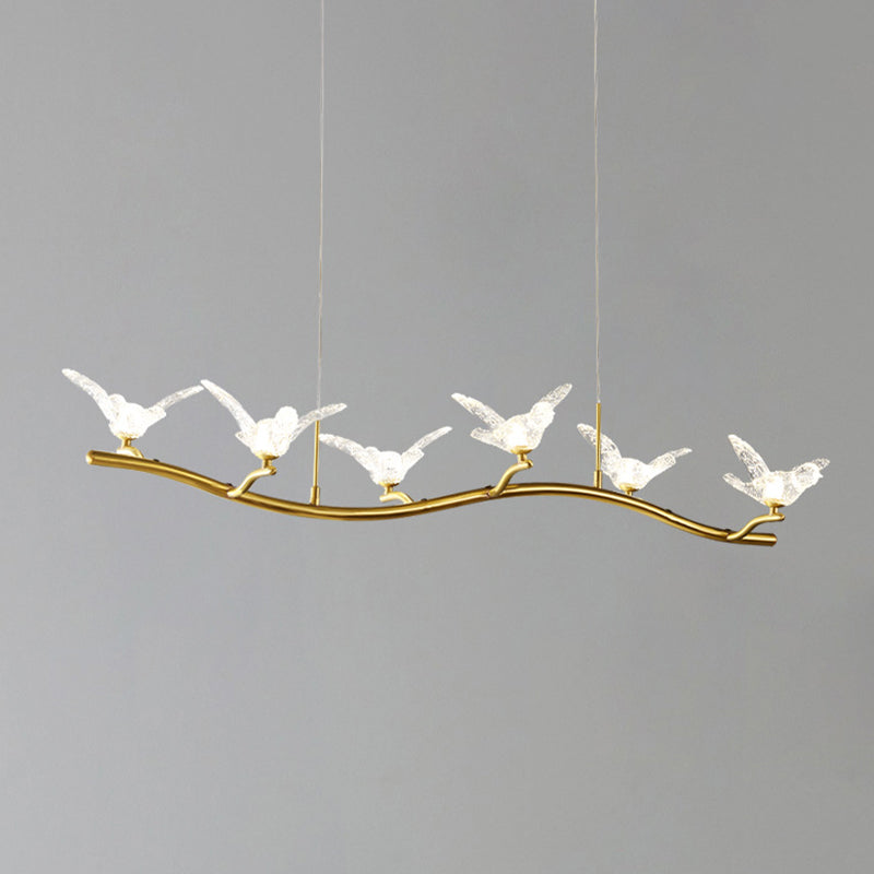 Twig Pendant Lamp With Bird Decor Gold Finish & Led Acrylic Island Light