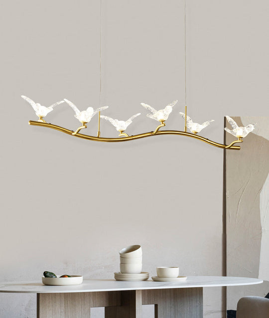 Twig Pendant Lamp With Bird Decor Gold Finish & Led Acrylic Island Light