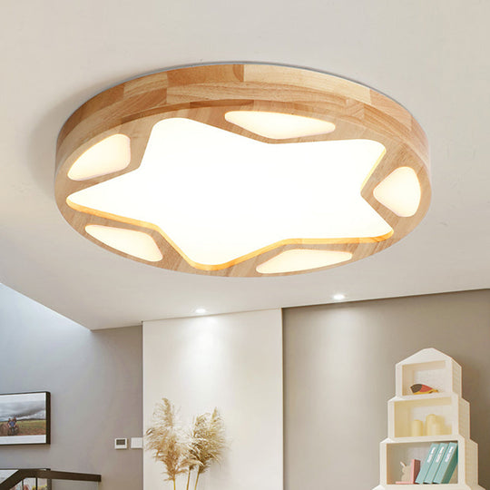 Modern Minimalist Round Natural Wood Star Ceiling Flush Mount Light For Living Room