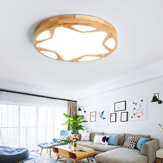 Modern Minimalist Round Natural Wood Star Ceiling Flush Mount Light For Living Room