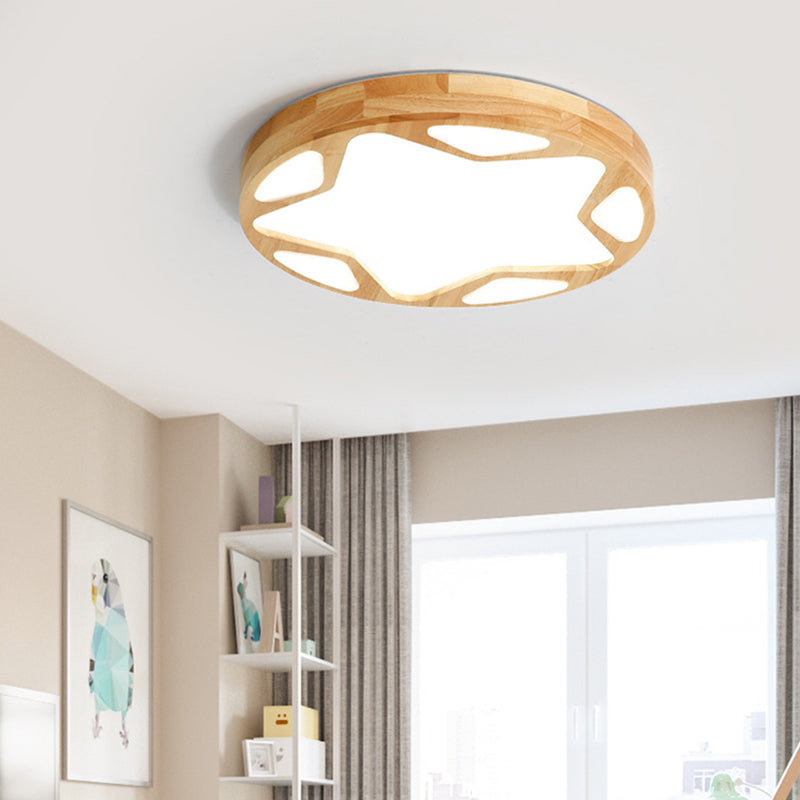 Modern Minimalist Round Natural Wood Star Ceiling Flush Mount Light For Living Room