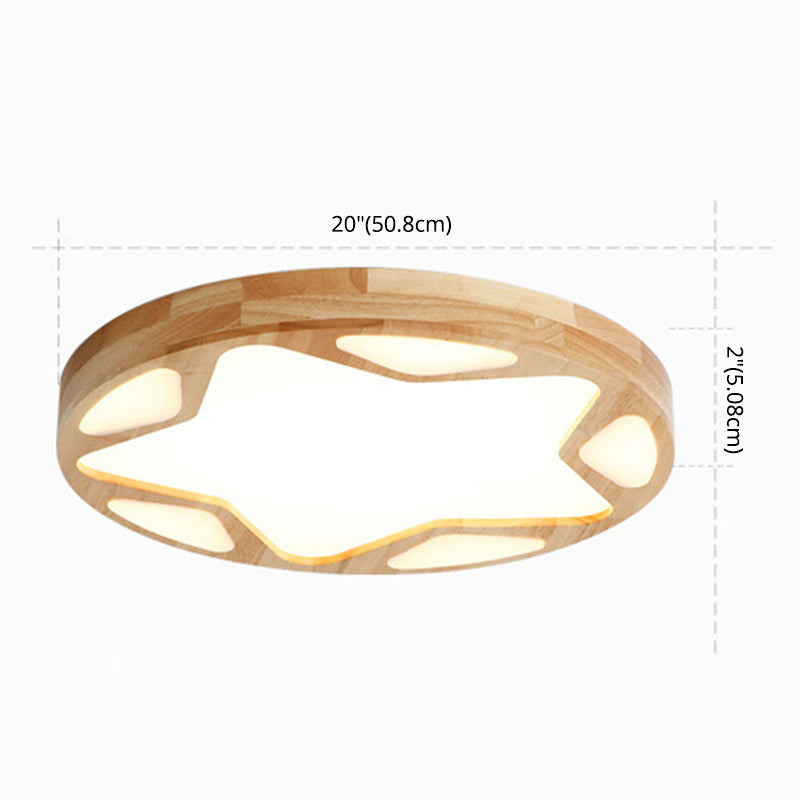 Modern Minimalist Round Natural Wood Star Ceiling Flush Mount Light For Living Room