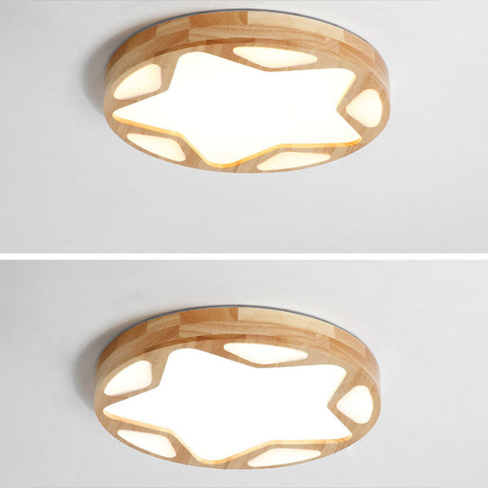 Modern Minimalist Round Natural Wood Star Ceiling Flush Mount Light For Living Room