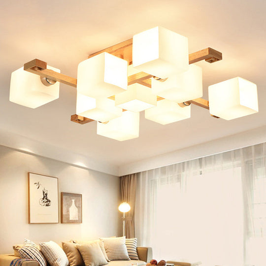 Modern Natural Wood Semi Flush Mount Light Fixture With Rectangle Glass Shade For Living Room