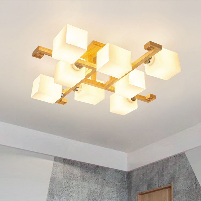 Modern Natural Wood Semi Flush Mount Light Fixture With Rectangle Glass Shade For Living Room