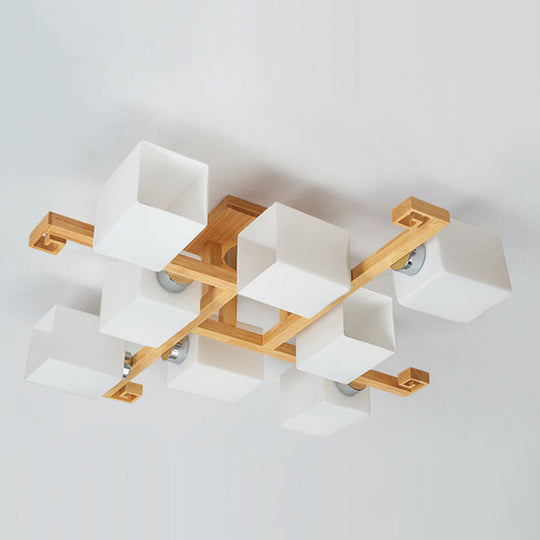 Modern Natural Wood Semi Flush Mount Light Fixture With Rectangle Glass Shade For Living Room