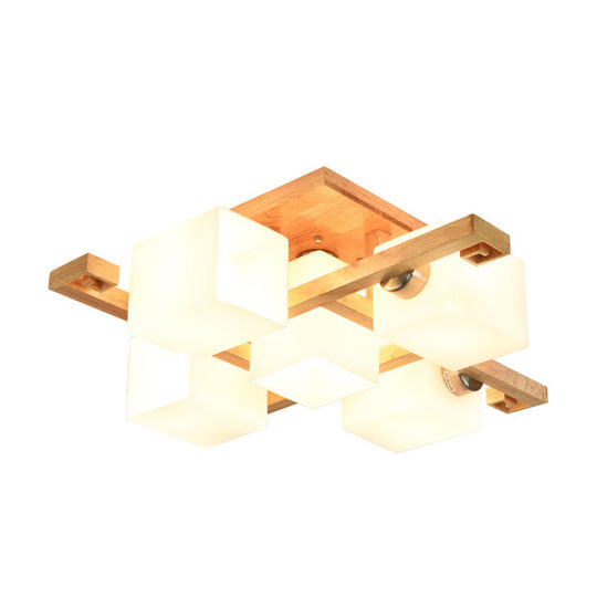 Modern Natural Wood Semi Flush Mount Light Fixture With Rectangle Glass Shade For Living Room