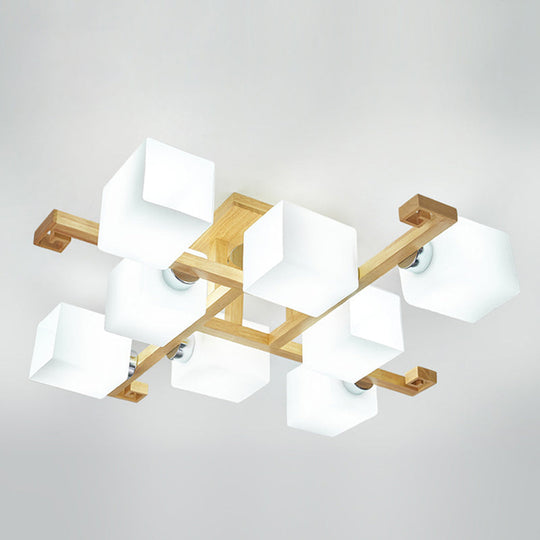 Modern Natural Wood Semi Flush Mount Light Fixture With Rectangle Glass Shade For Living Room