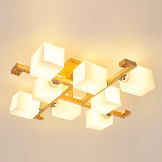 Modern Natural Wood Semi Flush Mount Light Fixture With Rectangle Glass Shade For Living Room