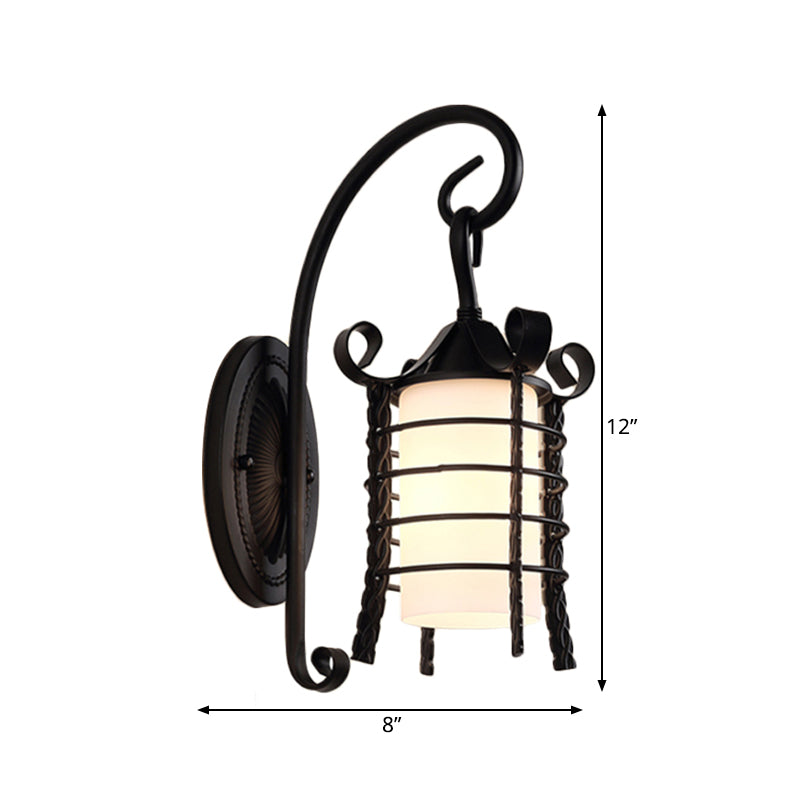 Country Style Wall Lamp With Milky Glass Shade And Metal Frame - 1 Light Black Sconce Fixture