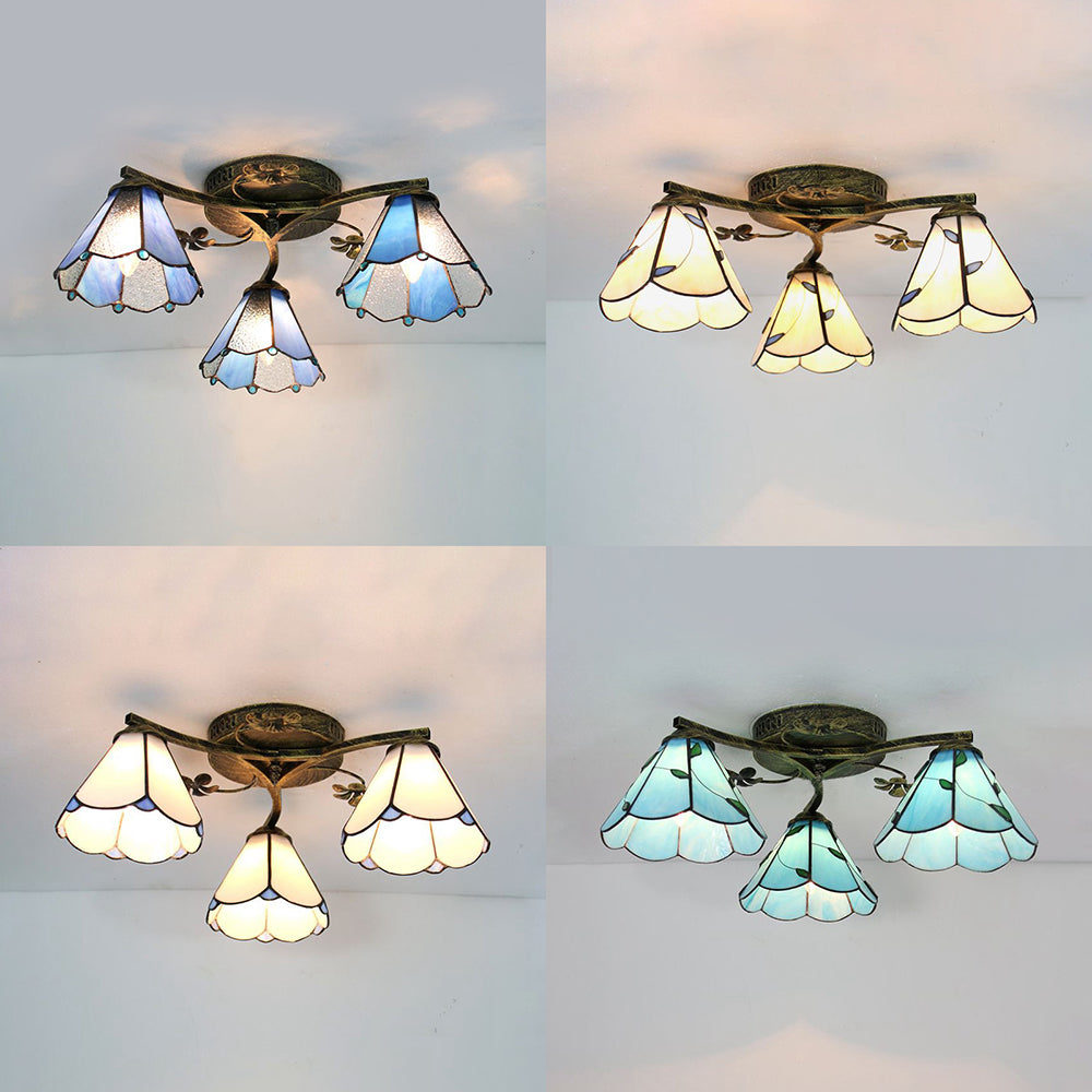 Stained Glass Tiffany Style Flushmount Light with 3 Lights - White/Clear/Blue/Beige