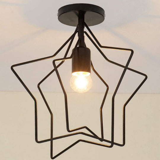 Black Iron Star Semi Flush Mount Ceiling Light For Living Room - Vintage 1-Light Fixture