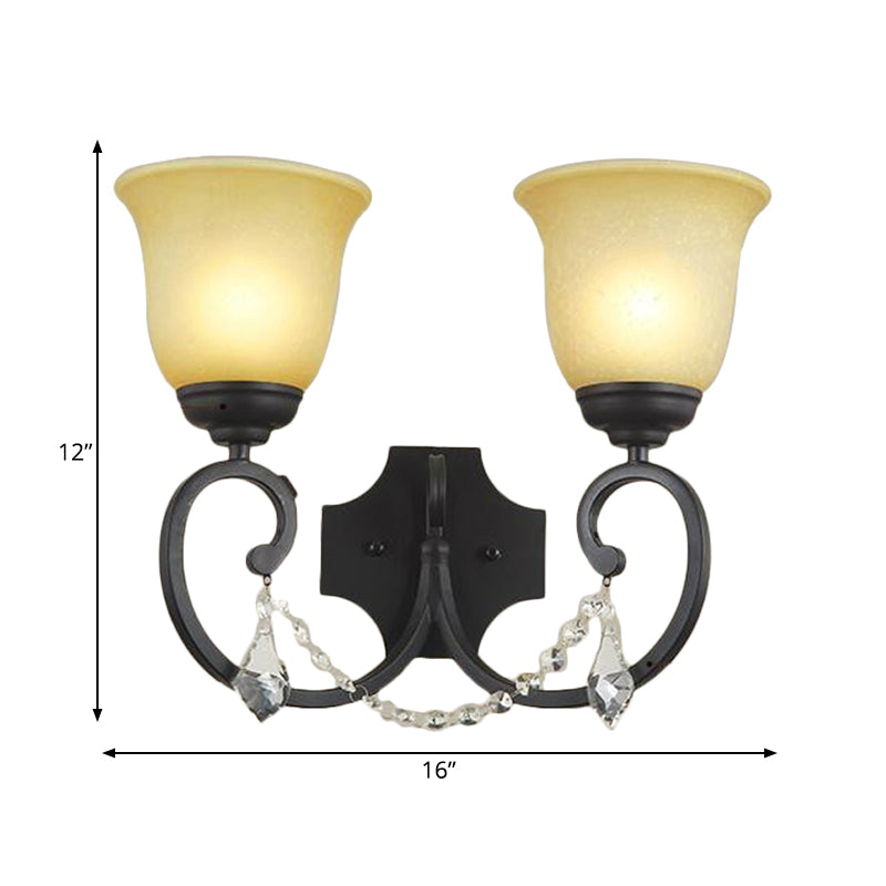 Vintage Black Wall Mounted Sconce Light With Amber Glass Shade - 2-Light Corridor Lamp