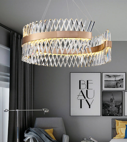 Geometric Chandelier With K9 Strip Crystal Led Suspension Lighting In Rose Gold Simplicity At Its