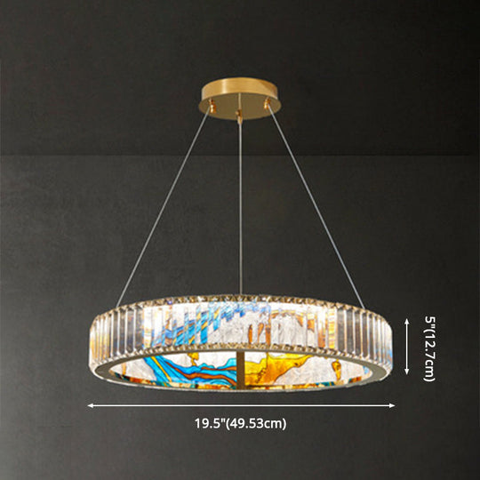 Modern Gold Led Pendant Lamp - K9 Crystal Ring Shaped Chandelier With Abstract Print