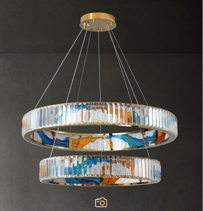 Modern Gold Led Pendant Lamp - K9 Crystal Ring Shaped Chandelier With Abstract Print