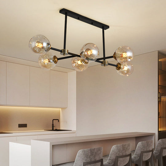 Modern Black Glass Island Pendant Light With 6 Spherical Lights For Dining Table