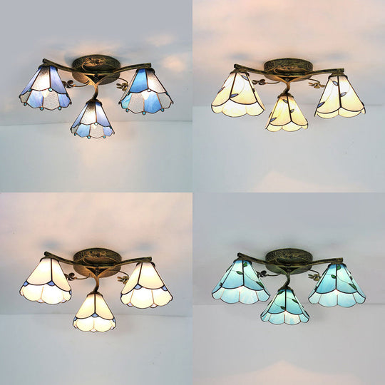 Stained Glass Tiffany Style Flushmount Light With 3 Lights - White/Clear/Blue/Beige