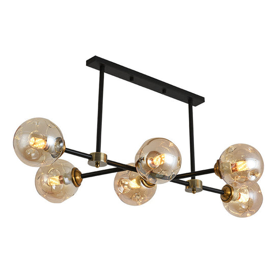 Modern Black Glass Island Pendant Light With 6 Spherical Lights For Dining Table