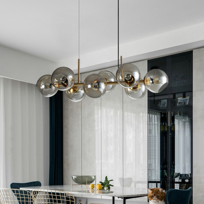 Mid-Century Gold Island Pendant Light - 8 Lights Spherical Glass Perfect For Dining Table