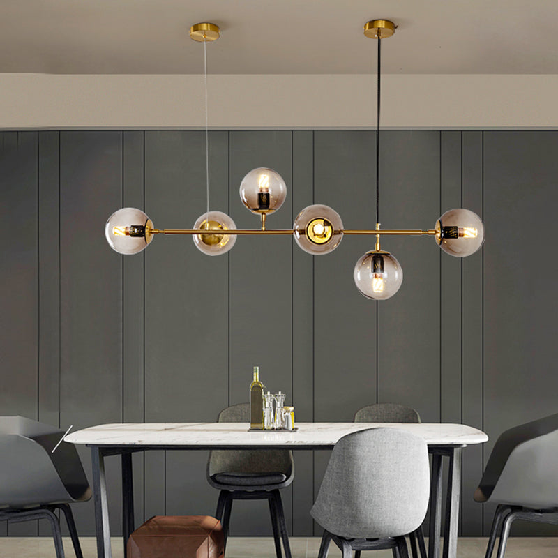 Modern Gold Island Pendant Light With 6 Lights - Spherical Glass Ceiling Fixture For Dining Table