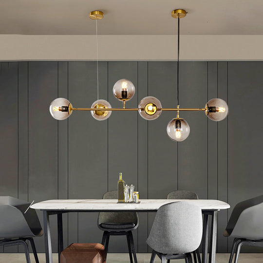 Modern Gold Island Pendant Light With 6 Lights - Spherical Glass Ceiling Fixture For Dining Table