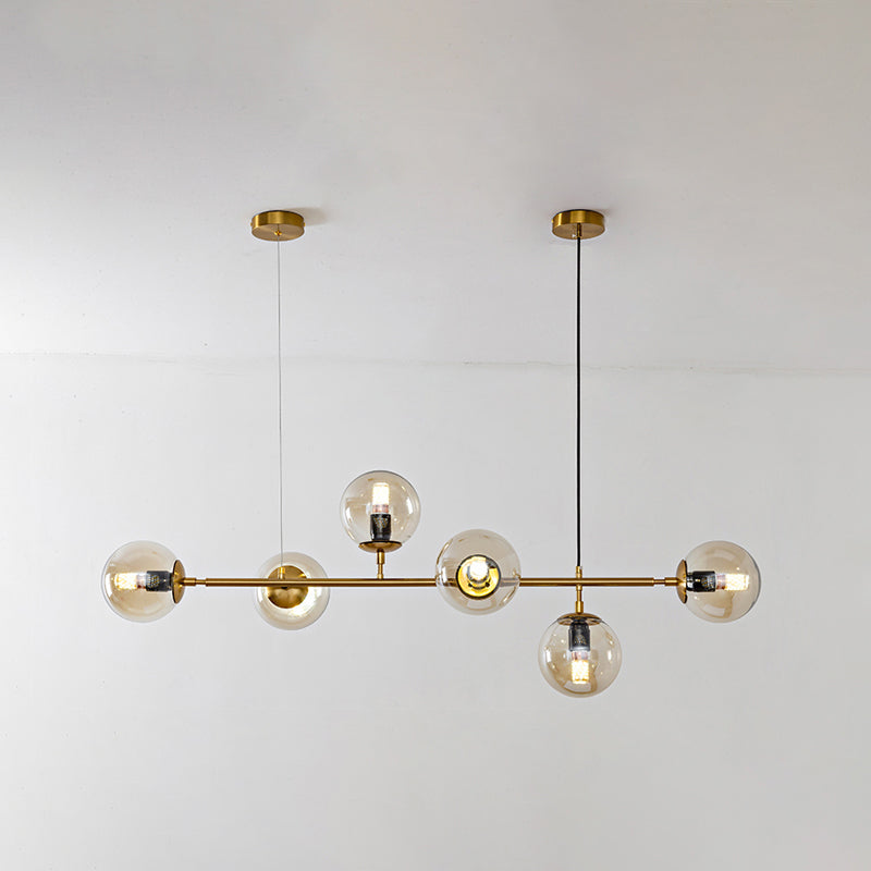 Modern Gold Island Pendant Light With 6 Lights - Spherical Glass Ceiling Fixture For Dining Table