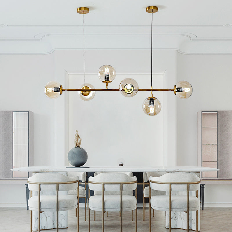 Modern Gold Island Pendant Light With 6 Lights - Spherical Glass Ceiling Fixture For Dining Table