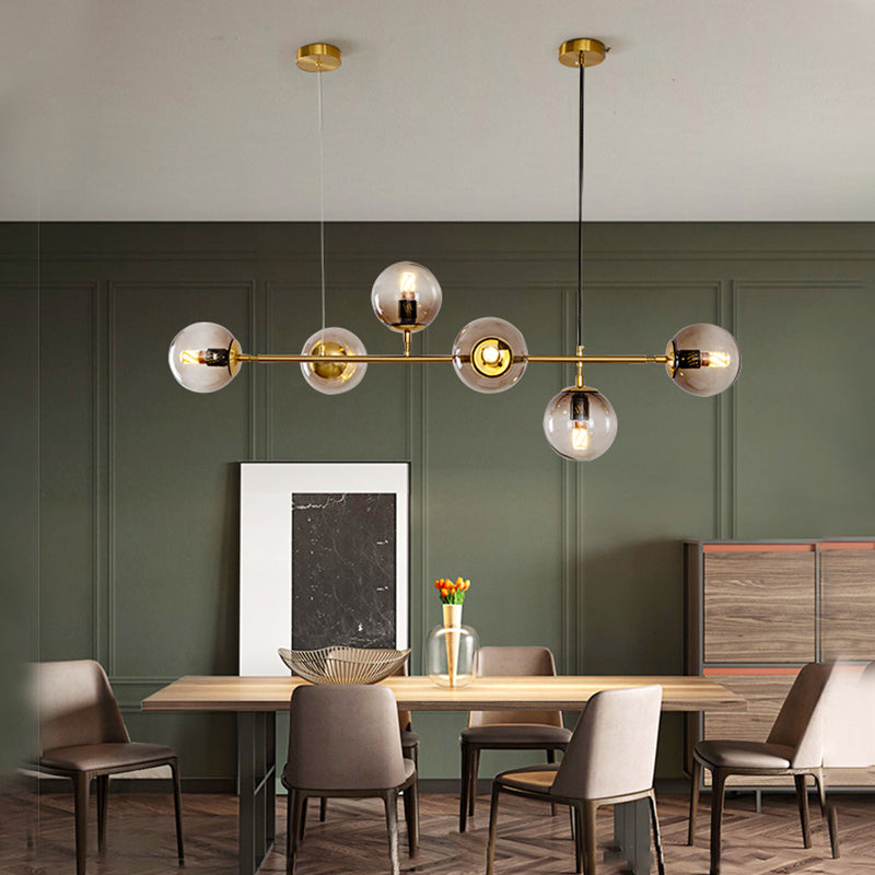 Modern Gold Island Pendant Light With 6 Lights - Spherical Glass Ceiling Fixture For Dining Table