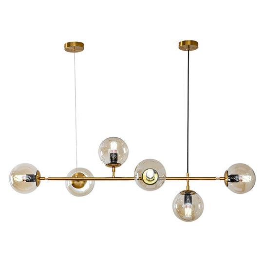 Modern Gold Island Pendant Light With 6 Lights - Spherical Glass Ceiling Fixture For Dining Table