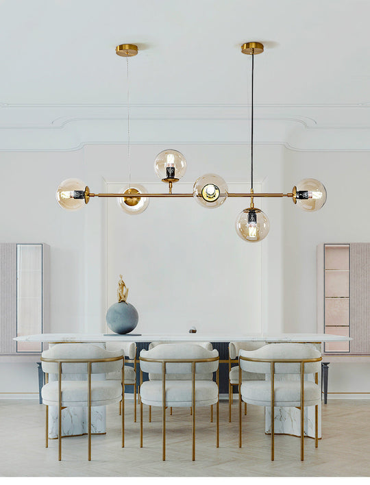 Modern Gold Island Pendant Light With 6 Lights - Spherical Glass Ceiling Fixture For Dining Table