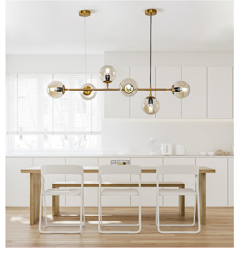 Modern Gold Island Pendant Light With 6 Lights - Spherical Glass Ceiling Fixture For Dining Table