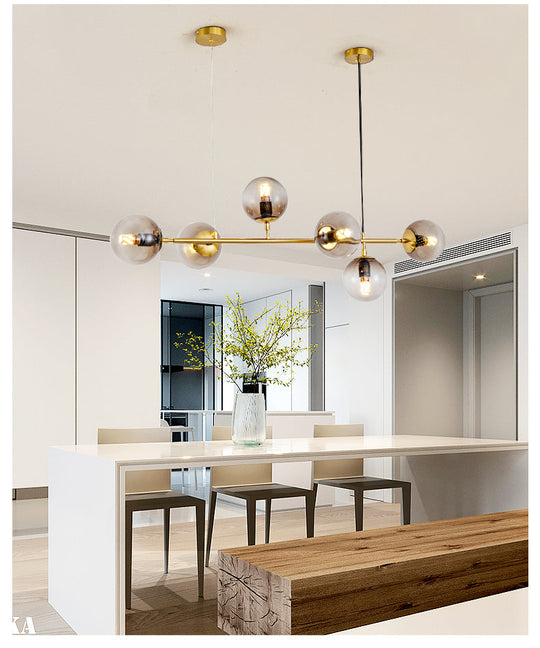 Modern Gold Island Pendant Light With 6 Lights - Spherical Glass Ceiling Fixture For Dining Table