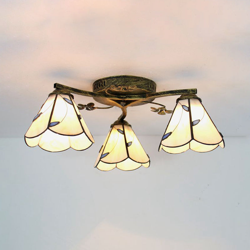 Stained Glass Tiffany Style Flushmount Light With 3 Lights - White/Clear/Blue/Beige Beige