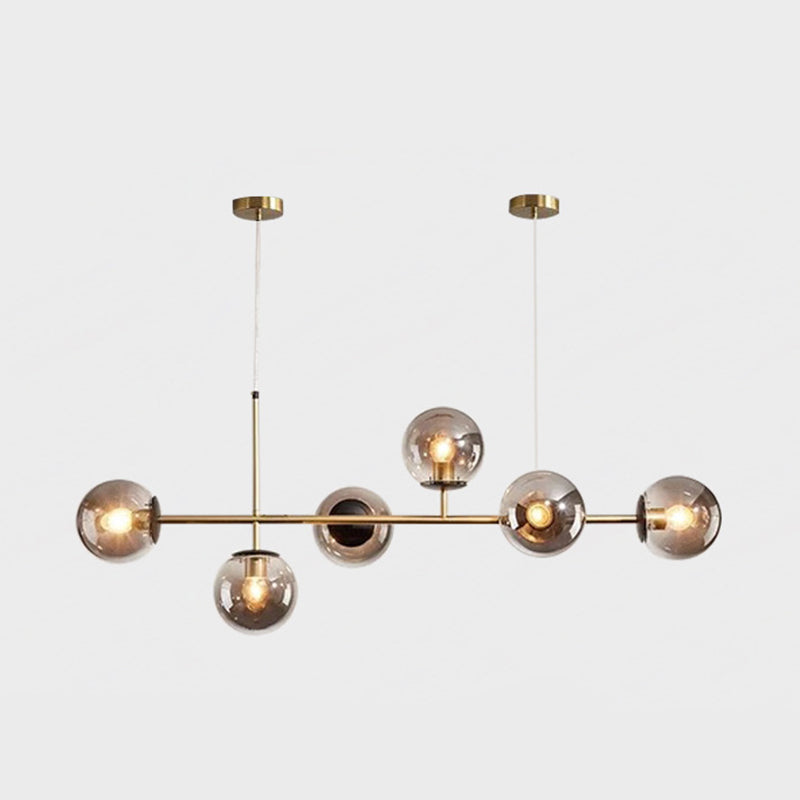 Modern Gold Metal Island Pendant Lighting With 6 Lights And Spherical Glass For Dining Table