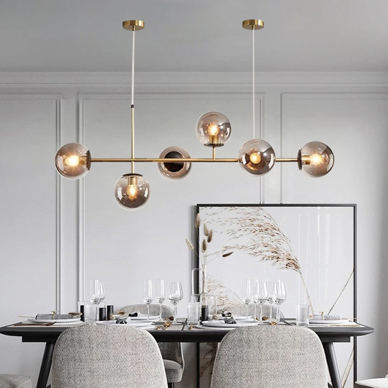 Modern Gold Metal Island Pendant Lighting With 6 Lights And Spherical Glass For Dining Table