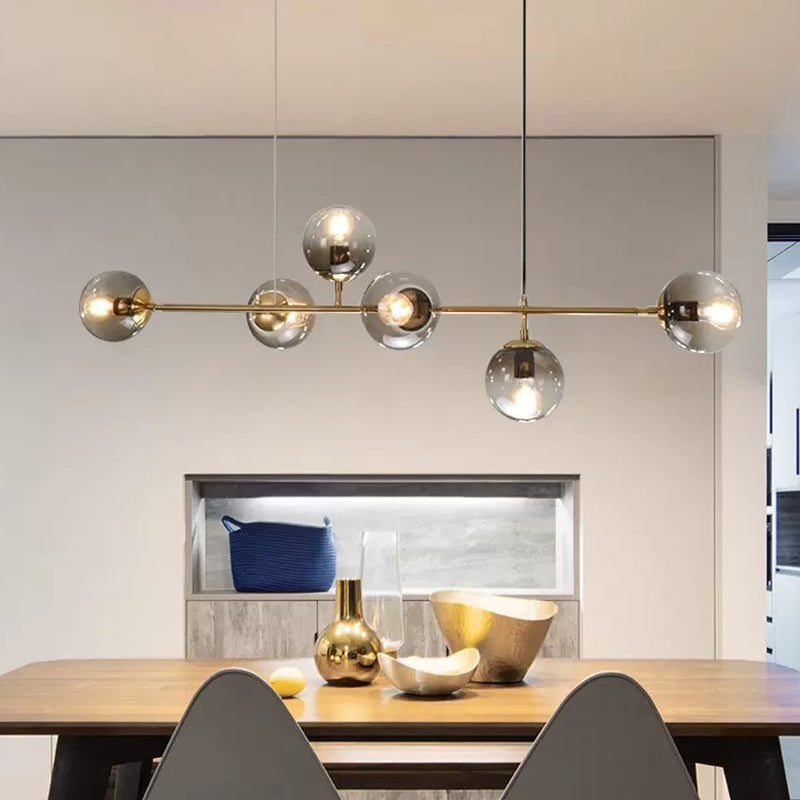 Modern Gold Metal Island Pendant Lighting With 6 Lights And Spherical Glass For Dining Table