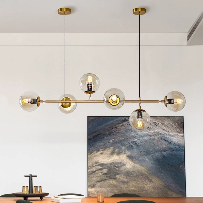 Modern Gold Metal Island Pendant Lighting With 6 Lights And Spherical Glass For Dining Table