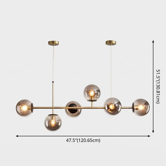 Modern Gold Metal Island Pendant Lighting With 6 Lights And Spherical Glass For Dining Table