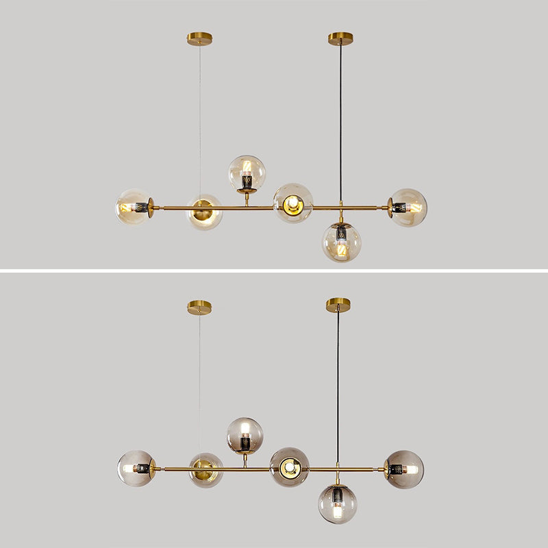 Modern Gold Metal Island Pendant Lighting With 6 Lights And Spherical Glass For Dining Table