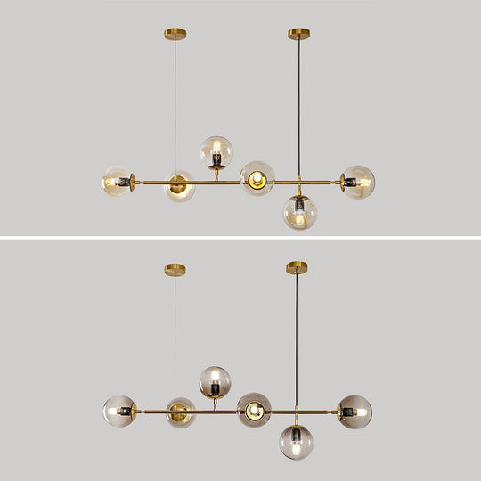 Modern Gold Metal Island Pendant Lighting With 6 Lights And Spherical Glass For Dining Table