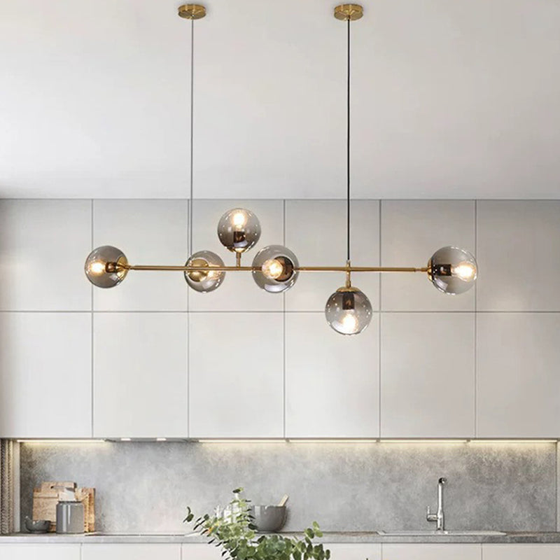 Modern Gold Metal Island Pendant Lighting With 6 Lights And Spherical Glass For Dining Table