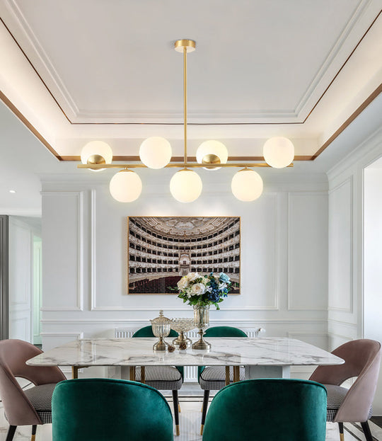 Mid-Century Gold Glass Pendant Lighting - 7 Light Spherical Island Ceiling For Dining Table