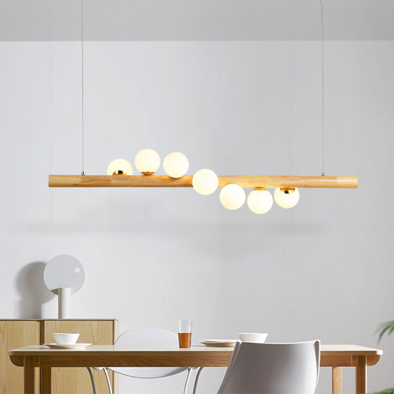 Minimalist Wooden Island Pendant With Glass Sphere For Living Room Ceiling Lighting