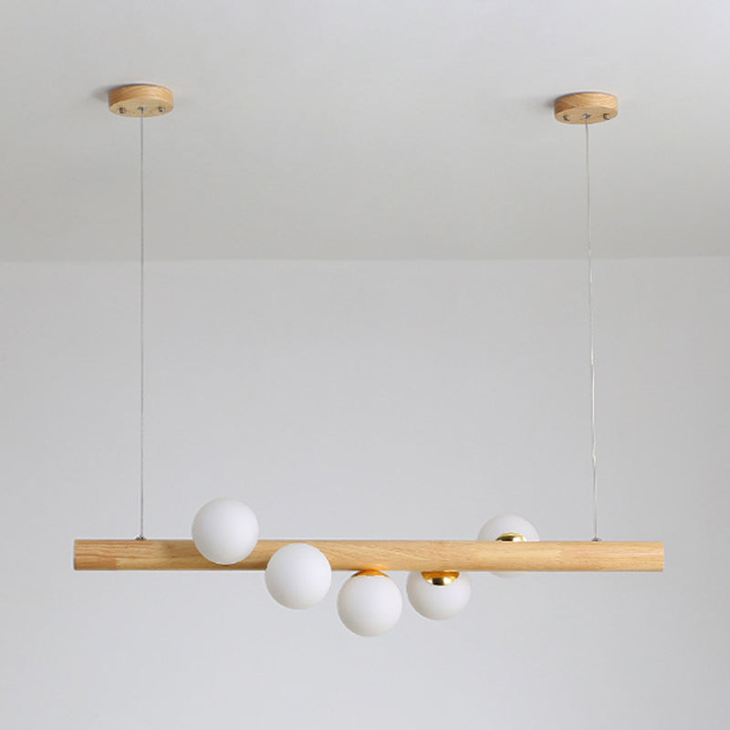 Minimalist Wooden Island Pendant With Glass Sphere For Living Room Ceiling Lighting