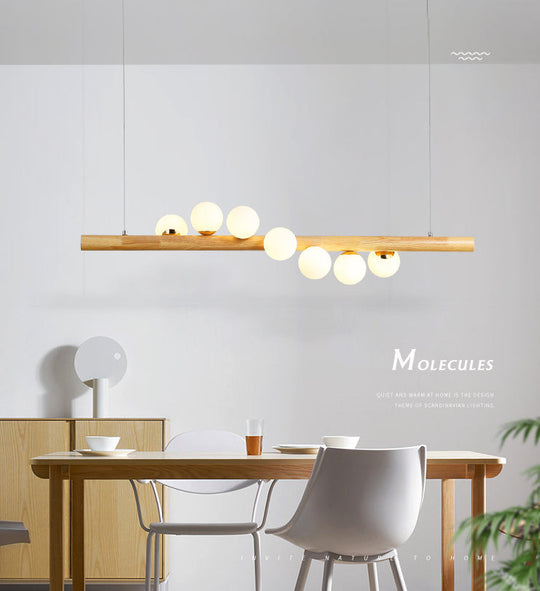 Minimalist Wooden Island Pendant With Glass Sphere For Living Room Ceiling Lighting